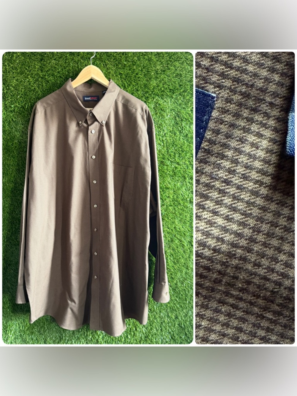 4XT Travel Smart Micro Check Long Sleeve Button Up Shirt Brown Roundtree & Yorke